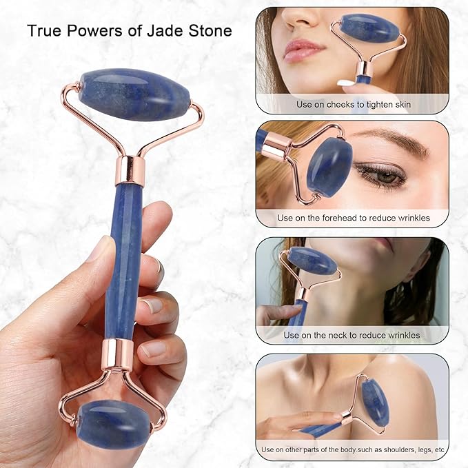Jade Roller for Face, Facial Roller Massager Skin Care Tool, Gua Sha Facial Tools for Face, Neck, Eyes, Reduce Puffiness of The Skin(Blue)