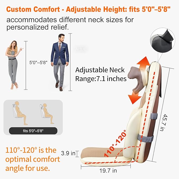 4D Shiatsu Massage Cushion w/Heat - Neck Back Pain Relief, Targets Muscle Stiffness from Long Sitting - Kneading, Vibration Technology & Dual Necks Heads Design for Office Chair, Home, Beige