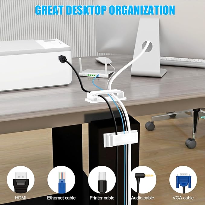 XHF 50 PCS Self Adhesive Cable Clips(L) White,Wire Clips Cable Management Wire Organizer Cord Holder for Under Desk, Car, Wall, TV PC Ethernet Cable