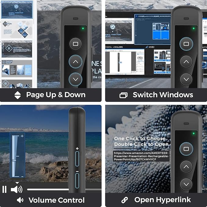 AMERTEER Wireless Presenter Remote – Presentation Clicker with 2.4GHz RF Hyperlink & Volume Control, Built-in Rechargeable Battery, Compatible with Keynote, PowerPoint, Mac, PC, and Laptops