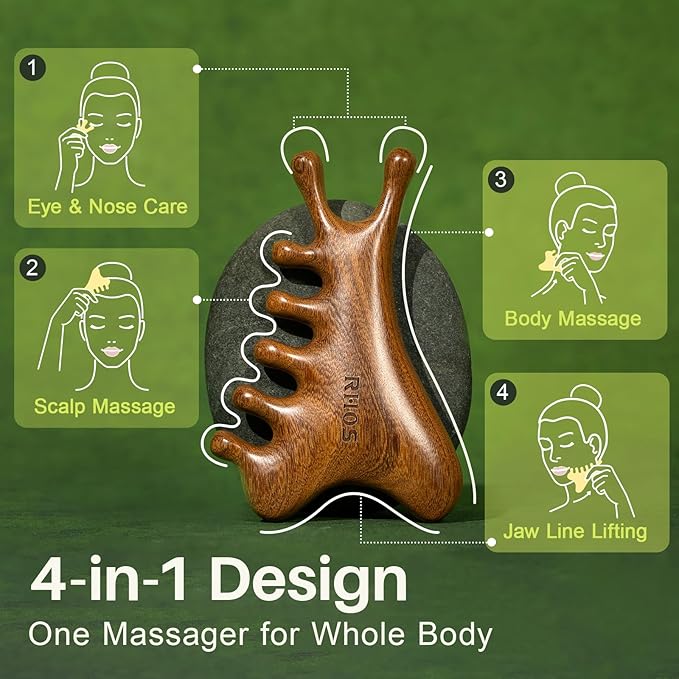 RHOS Multifunctional Wooden Gua Sha Tool｜Scalp Massager for Hair Growth｜Massage Comb for Whole Body｜Jaw Line Lifting｜Face Sculpting｜Lymphatic Drainage｜Body Massage