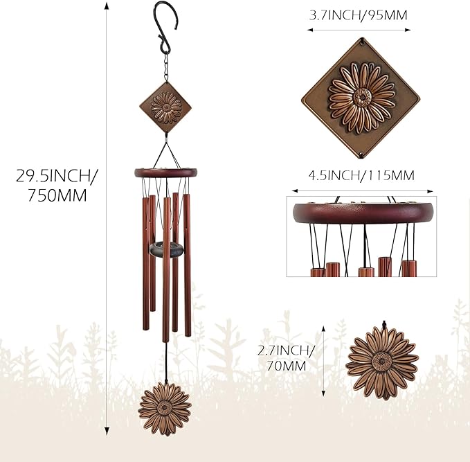 Daisy Wind Chime for Outside,29 "Memorial Outdoor Wind Chimes Sunflower Gifts for Women/Mother/Father/Christmas,Unique Windchimes Outdoors Daisy Garden Patio Home Yard Decor(Copper)