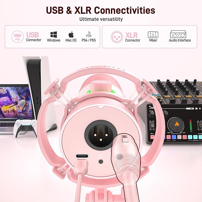 MAONO XLR/USB Dynamic Microphone Kit, RGB Gaming Mic with Software, Mute, Gain Knob, Volume Control, Boom Arm for Streaming, Podcasting, Voice-Over, Recording-PD200XS Pink