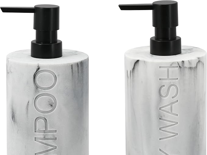 Marble Resin 2 Piece Shampoo and Body Wash Dispenser Set, Luxurious Refillable Pump Bottles with Matte Pump Top and Embossed Text, Durable Design for Bathroom and Shower
