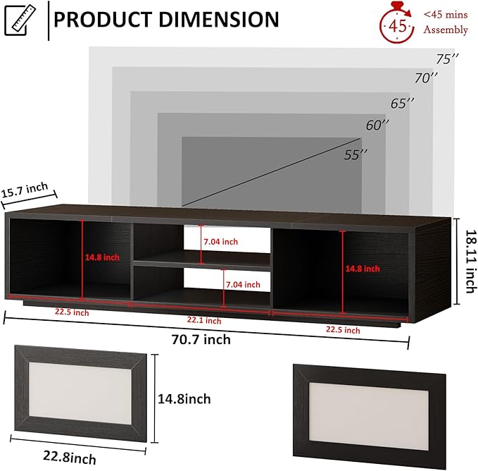 HSH Black TV Stand 70 Inch，Modern TV Console for Living Room and Under TVs Cabinet with Storage,Entertainment Center with Sliding Doors for 75" TVs,Media Console for Bedroom