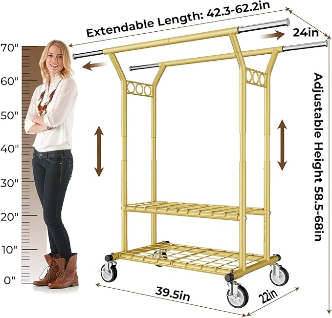 Heavy Duty Clothes Rack, Rolling Clothing Racks With Shelves Load 620 LBS, Double Rod Clothing Racks for Hanging Clothes, Portable& Adjustable Clothes Rack with Wheels Garment Rack,Gold
