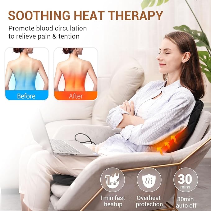 Back Massager with Heat,Heated Seat Cover Cushion with 5 Vibrating Massage Nodes & 2 Heat Levels Massage Chair Pad for Pain Relief Home Office Use