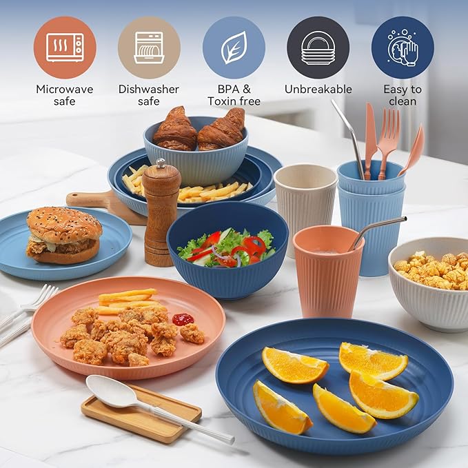 Hommaly Wheat Straw Dinnerware Sets,42-Piece Plates and Bowls Sets for 6-Unbreakable,Reusable Plastic Dish Set-Dinner Plate/Cereal Bowl/Cup/Utensils-Microwavable Dishwasher Safe 42P-Oecan Resort