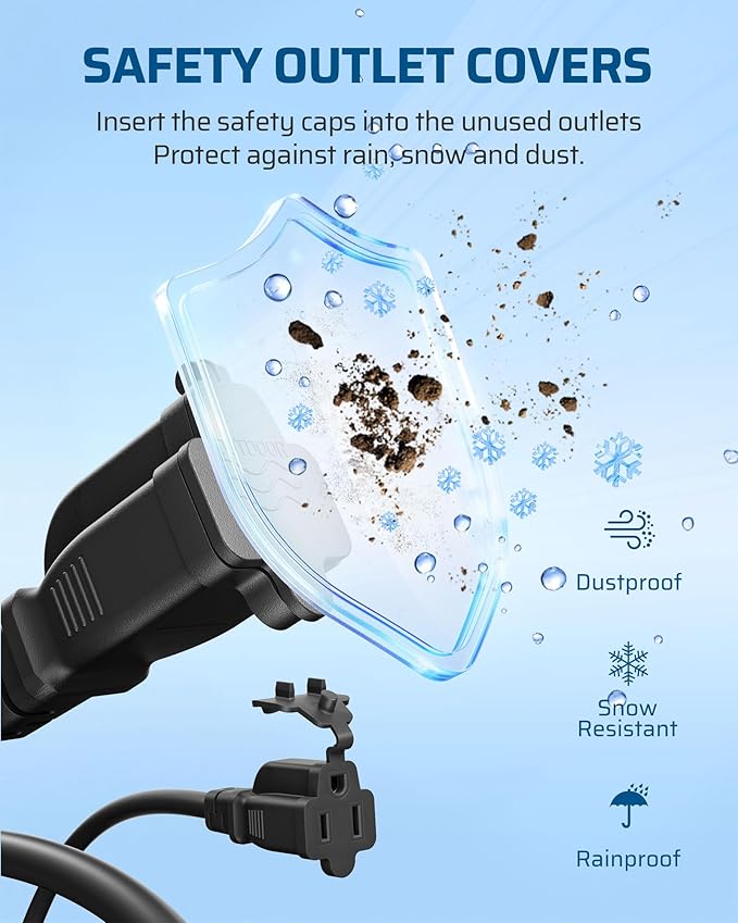 DEWENWILS Outdoor Extension Cord Multiple Outlets 45ft, Evenly Spaced 3 Outlets Plugs with Safety Cover, 16/3 SJTW Weatherproof Wire for Christmas Lights Holiday Decorations