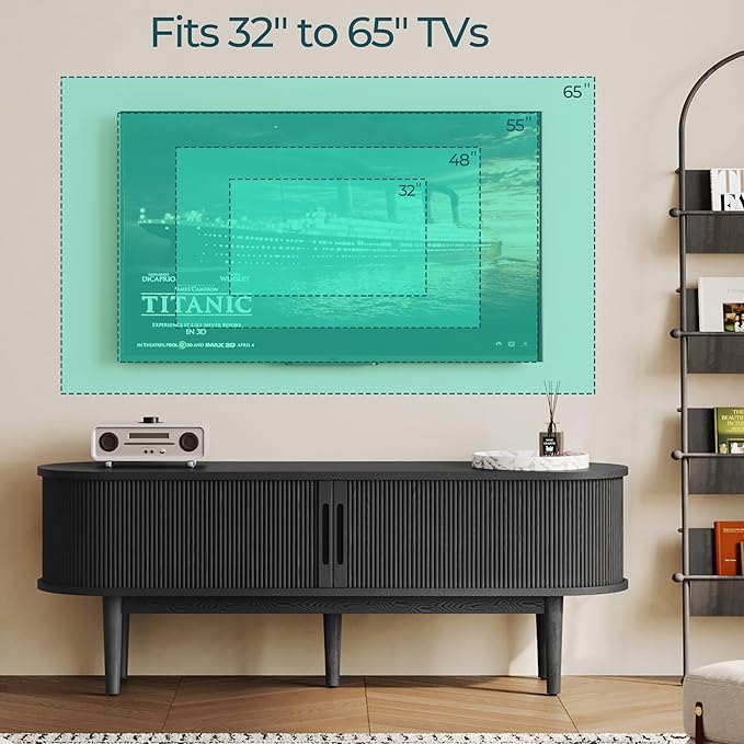 LINSY HOME Fluted TV Stand for 65" TV, Mid-Century Modern Wood Entertainment Center with Sliding Tambour Door and Storage Cabinet, Boho TV Media Console Table for Living Room, Bedroom, Black