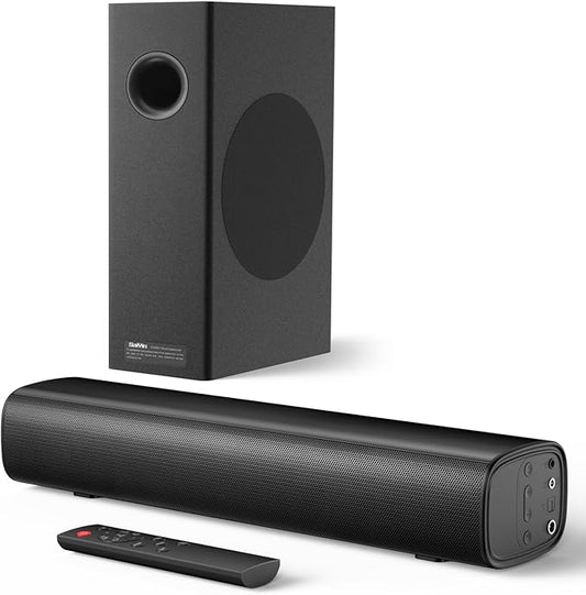 Saiyin Soundbar with 4'' Subwoofers - 70W Rounded-Edge Subwoofer & Compact Soundbar for TV, 2.1 Audio Enhanced Surround Sound System for TV, Bluetooth/Optical/AUX Connection for TV/PC