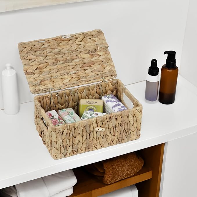 Small Wicker Basket with Lid, Natural Water Hyacinth Storage Baskets for Organizing, Rectangular Woven Basket for Storage, Decorative Boxes Bins with Lids and Built-in Handles (10.2" x 6.3" x 3.9")