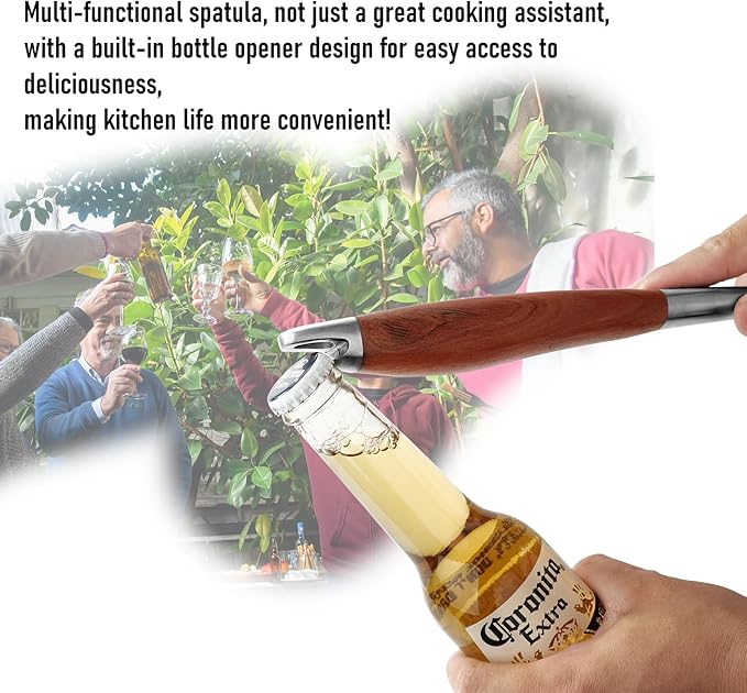 Professional Grade Stainless Steel Cooking Spatula - 17 Inches, Sturdy and Durable, Premium Solid Wood Handle, with Bottle Opener, Suitable for Barbecue, Outdoor Kitchens, and Grilling Food