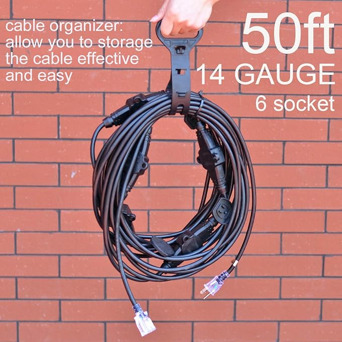 50FT 14 Gauge Outdoor Power Extension Cord,Seven Outlet Cable.Multiple Evenly-Spaced Plug Ideal for Landscaping Light,Stage Backlines,Holiday Decoration and Christmas,ETL Listed