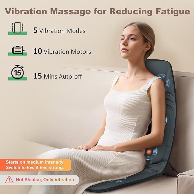 Vibration Back Massager with Heat, Massage Chair Pad with 10 Vibration Motors & 2 Heating Levels, Chair Massager for Recliner, Office Chair, Sofa