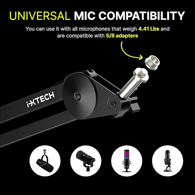 IXTECH Microphone Boom Arm Stand, Heavy Duty Adjustable Mic Stand with Cable Ties, Desk Mount Arm Stand for Gaming Streaming Podcasting.