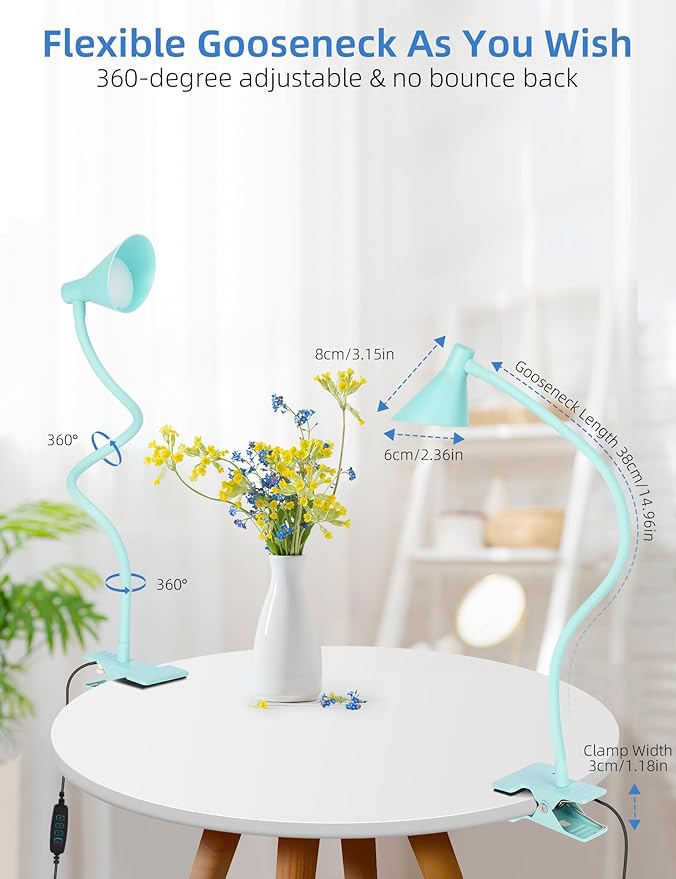 Reading Light for Bed, Clip-on Desk Lamp with Flexible Neck, 3 Color Modes & 10 Dimmable Brightness, Teal