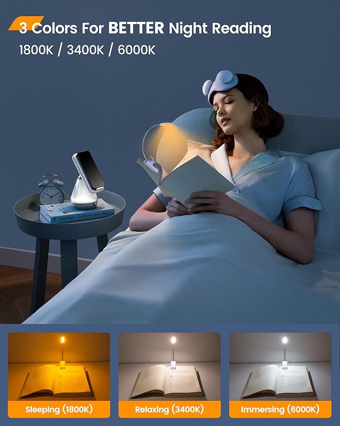 Glocusent Willow Book Light for Reading in Bed, 10LED Bright Reading Light, 3 Colors & 3 Brightness, Rechargeable ,Lasts for 80hr, Lightweight Clip on Book Light, Perfect for Book Lovers