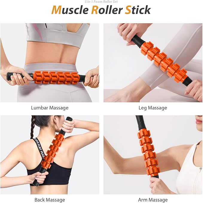 5 in 1 Foam Roller Set for Deep Tissue Muscle Massage, Trigger Point Fitness Exercise Foam Roller, Massage Roller, Massage Ball, Stretching Strap, for Whole Body (Orange-New)