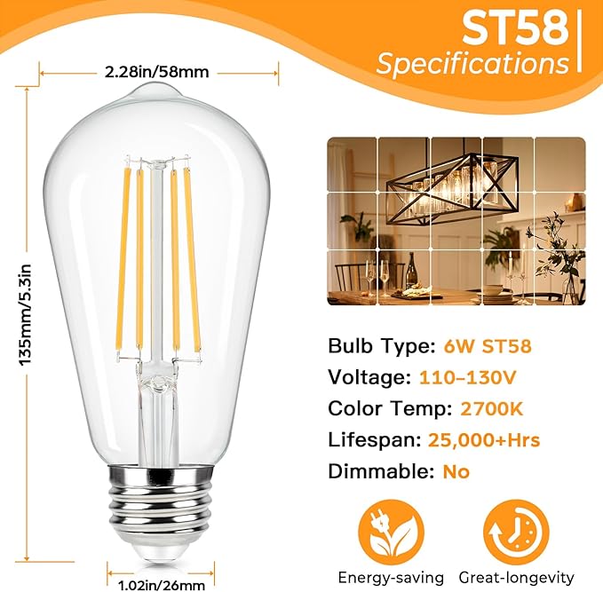 Brightever Vintage LED Edison Bulbs 60W Equivalent, 6W ST58 Warm White 2700K Antique LED Filament Bulbs with E26 Medium Base, Clear Glass Style for Table Lamps, Wall Sconces, No-dimmable 8 Packs