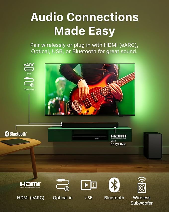 Philips B4500 Sound bar for Smart tv, 2.1 ch soundbar with subwoofer, TV Speaker with with Bluetooth and HDMI-ARC Connectivity, Roku TV Ready, Remote APP Control, Compact Design and Easy Setup