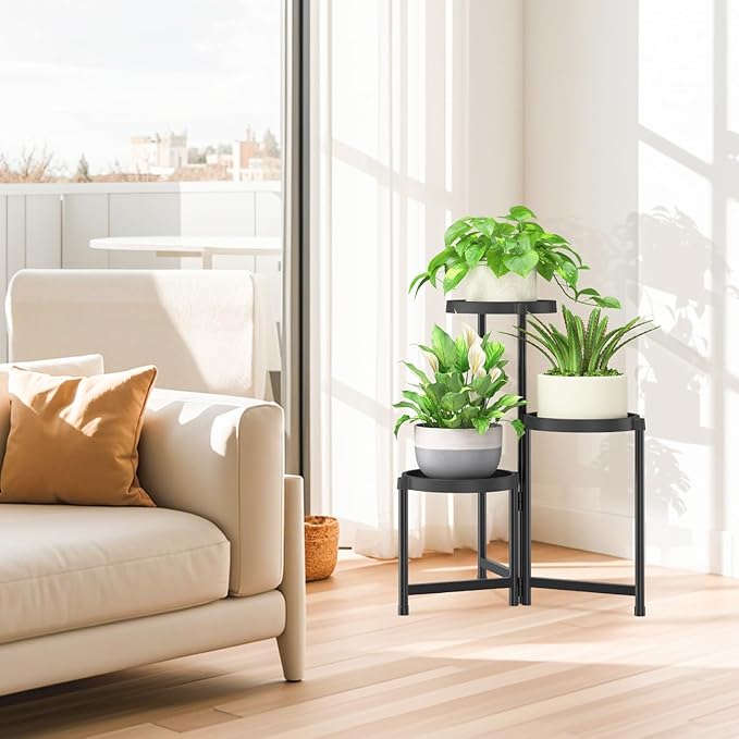 iDavosic.ly 3 Tier Folding Plant Stand Indoor Outdoor with Plastic Tray, Tiered Corner Flower Holder Shelf, Metal Orchid Display Rack for Patio Porch Living Room Garden Balcony, Modern Black