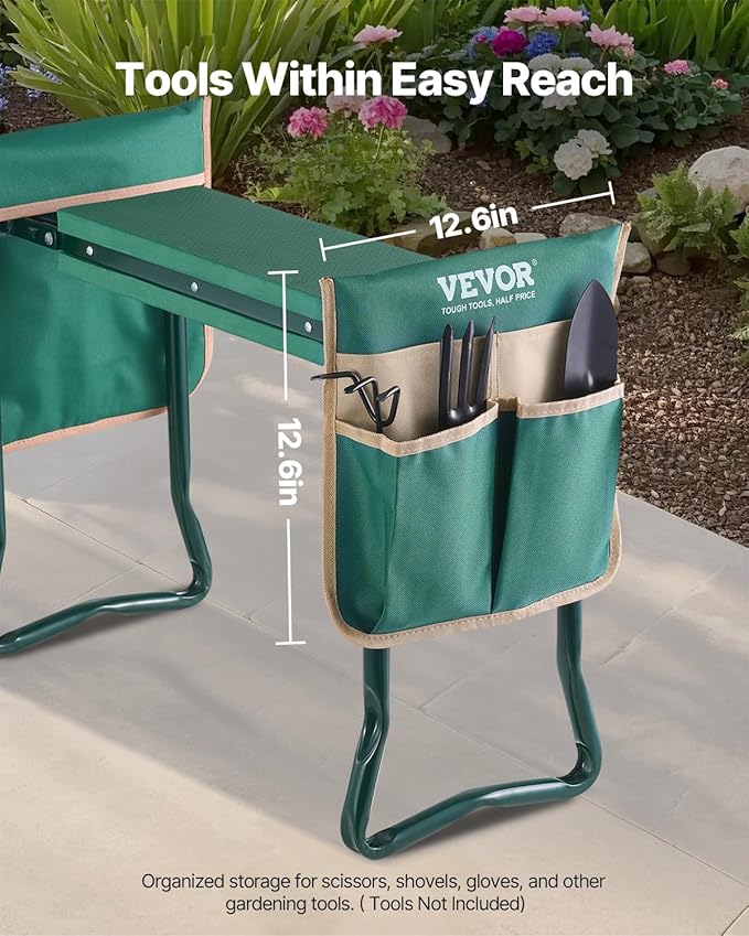 VEVOR Garden Kneeler and Seat Heavy Duty, Portable Garden Stool with 6'' EVA Kneeling Pad and 2 Tool Bags, Folding Garden Bench to Relieve Knee & Back Pain, Great Gifts for Seniors, Family Gardeners