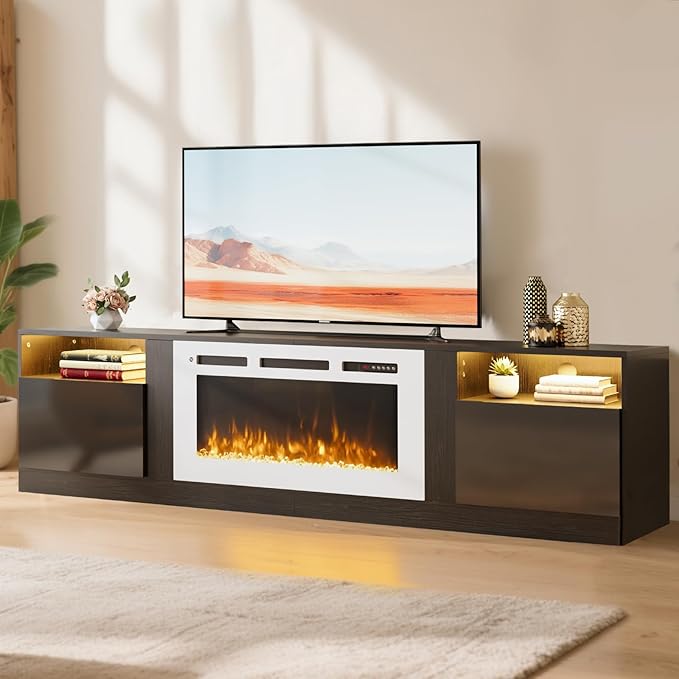 70" TV Stand with 36" Electric Fireplace, Large Modern Media Entertainment Center with Storage Cabinet and 12 Colors LED Lights for TVs Up to 80",Black & White