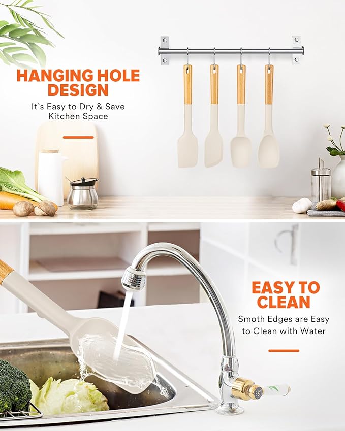 Silicone Spatula Spoon Set, Great for Mixing, Folding, Scraping, and Spreading, Sturdy BPA-Free Matte Silicone, Wooden Handle Rubber Spoonula for Nonstick Cookwares,4 Pack (KHAKI)