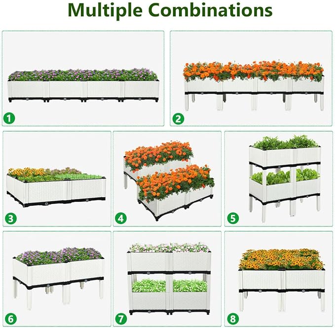 S AFSTAR Raised Garden Bed Kit Set of 4, Elevated Planter Boxes with Self-Watering Design & Removable Legs, Outdoor Plastic Planter Box for Patio Yard Balcony Gardening, Rattan Pattern (White)