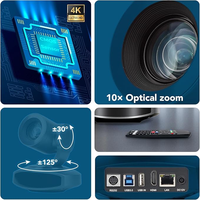 RGBlink 4K PTZ Camera HDMI, AI Auto-Tracking, 10X Optical Zoom, USB3.0 LAN HDMI PTZ Camera for Church Worship Education Conference Events, RGB10X-UUAI-BK（Real 4K Output