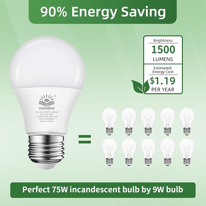 A19 LED Light Bulb, 100 Watt Equivalent LED Bulbs, 3000K Warm White, 1500 Lumens, Standard E26 Base, Non-Dimmable, 15W Super Bright Light Bulbs for Home, Office Lamp, ETL Listed(20-Pack)