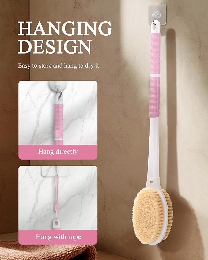 Shower Brush for Massage Dry Brushing: Back Scrubber for Shower with 18.1 in Anti Slip Long Handle - Bath Body Brush for Lymphatic Drainage, Exfoliator Improving Skin Health for Women Men Elderly Pink