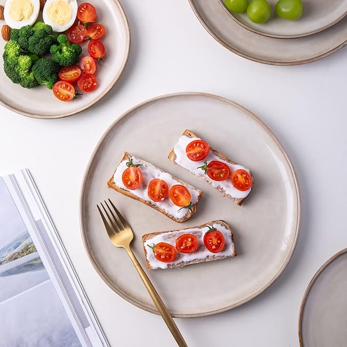 AmorArc Ceramic Dinner Plates Set of 6, 10.5 Inch Handmade Reactive Glaze Stoneware Plates, Rustic Shape Dinnerware Dish Set for Kitchen, Microwave & Dishwasher Safe, Scratch Resistant-Cappuccino