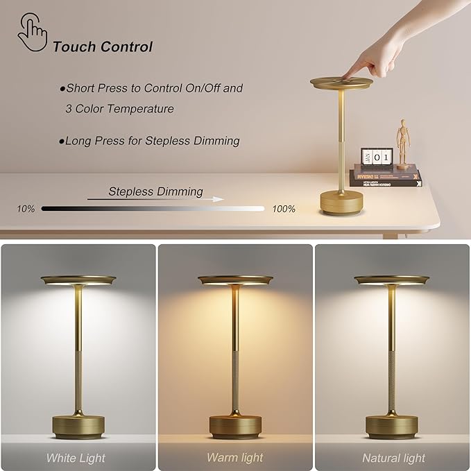 2 Pack Rechargeable Cordless Table Lamps, Portable 5000mAh Battery Table Light, 3 Color Stepless Dimming LED Table Light with Memory Function, for Outdoor/Dinner/Patio/Restaurant.(Gold)