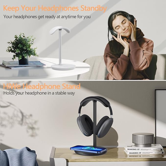 Headphone Stand with Wireless Charger, Gaming Headset Holder Hanger Rack 2 IN 1 Wireless Charging Station Dock for iPhone 15/14/13/12/11 Series, Samsung, AirPods Pro/3/2 and Desk All Headphones, Black