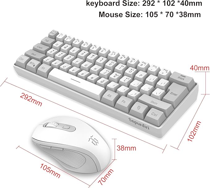 Snpurdiri 2.4G Wireless Gaming Keyboard and Mouse Combo, Include Mini 60% Mechanical Feel RGB Backlit Keyboard, Ergonomic Vertical Feel Small Wireless Mouse(Grey and White)
