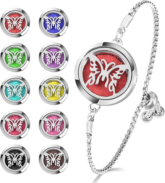 Essential Oil Diffuser Bracelet Aromatherapy Locket Adjustable Bracelet Stainless Steel Butterfly Bracelet with 10 Pcs Refill Pads for Women Girls