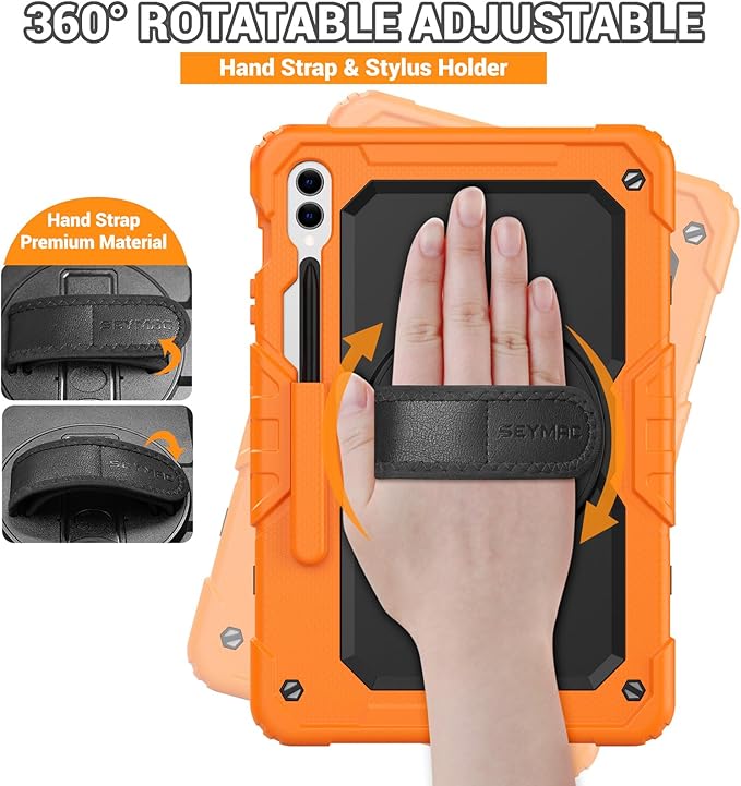 SEYMAC Case for Samsung Galaxy Tab S10+/S9 FE+/S9+ Plus 12.4" - Heavy Duty Shockproof Protective Case with Screen Protector, Stand, Hand/Shoulder Strap and Pen Holder, Orange