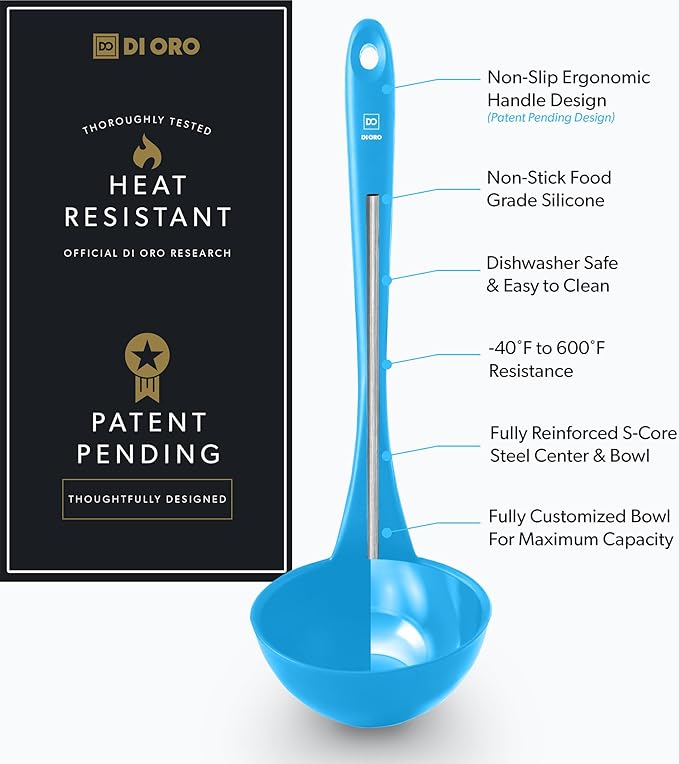 DI ORO Silicone Ladle – Soup Ladle for Cooking & Serving Heat-Resistant - Large Kitchen Soup Ladle Nonstick Cookware Safe - Soup Serving Spoon with Wide Bowl - Silicone Utensil Dishwasher Safe (Blue)