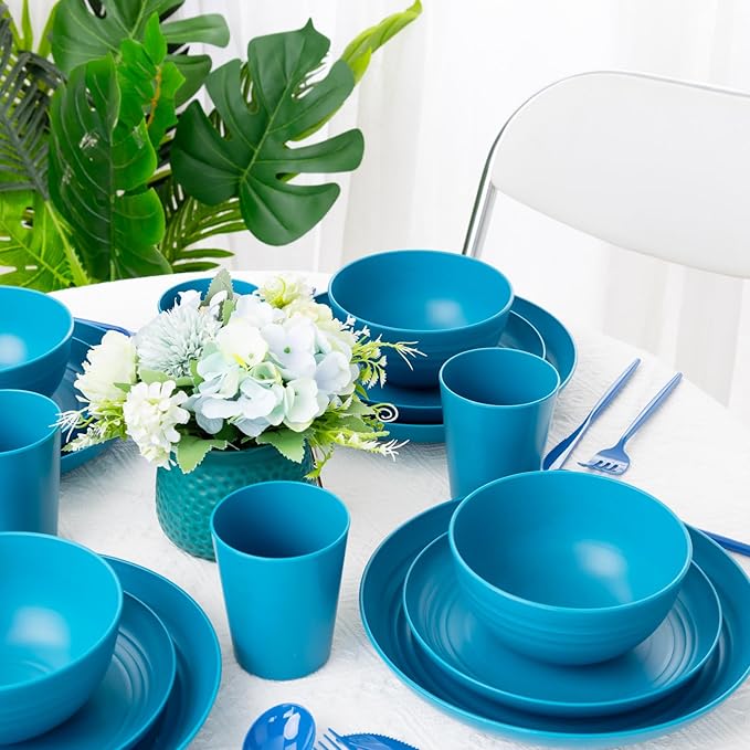 LIYH 48 Pcs Blue Wheat Straw Dinnerware, Plates and Bowls Set, Camping Dish Set for 12, Plastic Dinnerware Set, Dishwasher Safe Dinnerware Set, Unbreakable Plastic, Camper Dish Sets
