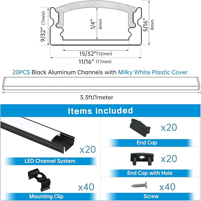 Muzata 20Pack 3.3FT/1M LED Channel Black Aluminum U Shape LED Diffuser Channel with Milky White Cover Easy Installation U1SW BW 1M