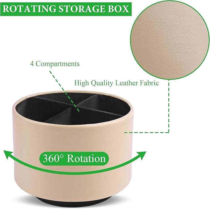 Hennaja Round Leather Art Supply Organizer,Remote Control Holder,360 Degree Spinning,Multi-Functional Pencil Holder,4 Compartments Desktop Stationary Organizer(1-Oil Apricot)
