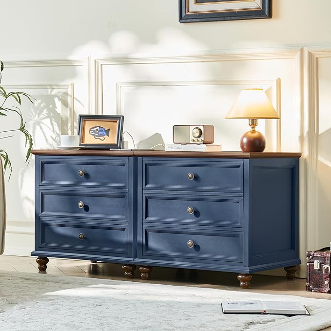 Farmhouse Nightstand with Charging Station, 24" Wide End Table with 3 Drawers,Blue Wood Dresser for Bedroom, Bed Side Table Chest of Drawers Cabinet,Night Stand for Living Room, Closet