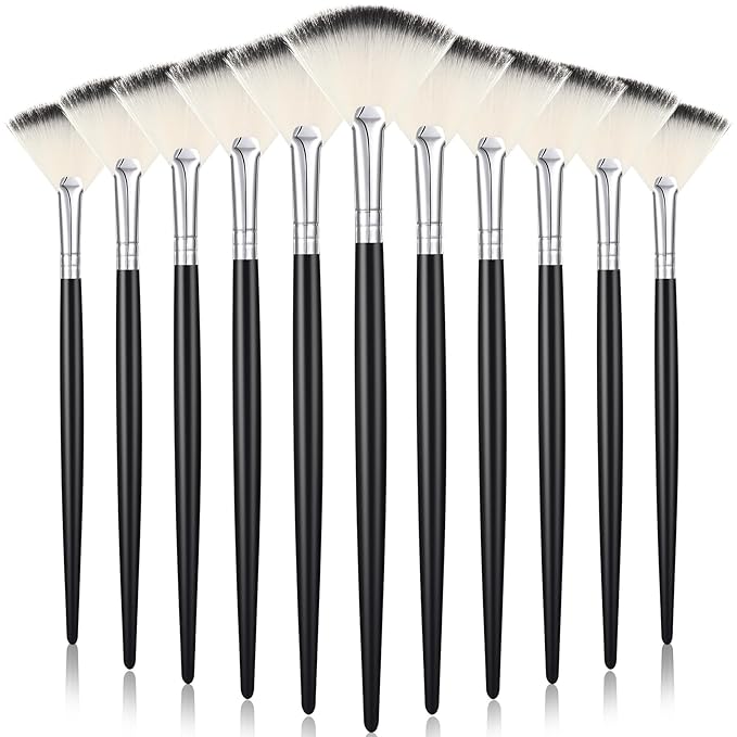 12 Pcs Soft Facial Fan Brush Blush Makeup Brush Face Mask Acid Applicator Multi Use Cosmetic Tools for Peel Mask Makeup for Mud Cream(Black Silver)