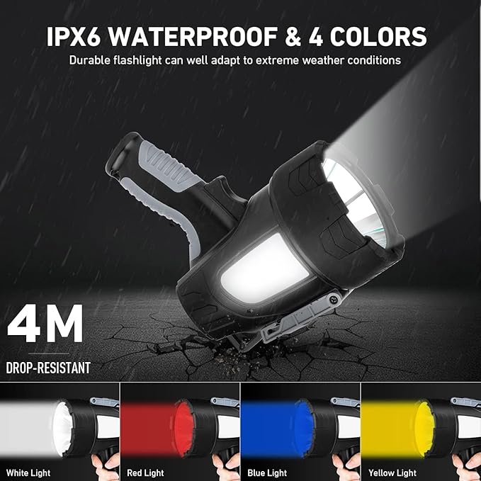 LBE Rechargeable Spotlight Outdoor, 90,000 Lumens Led Spotlight Flashlight with Cob Light and Foldable Tripod, 6 Modes Waterproof Handheld Spot Light for Outdoor Marine Boating Hµnting