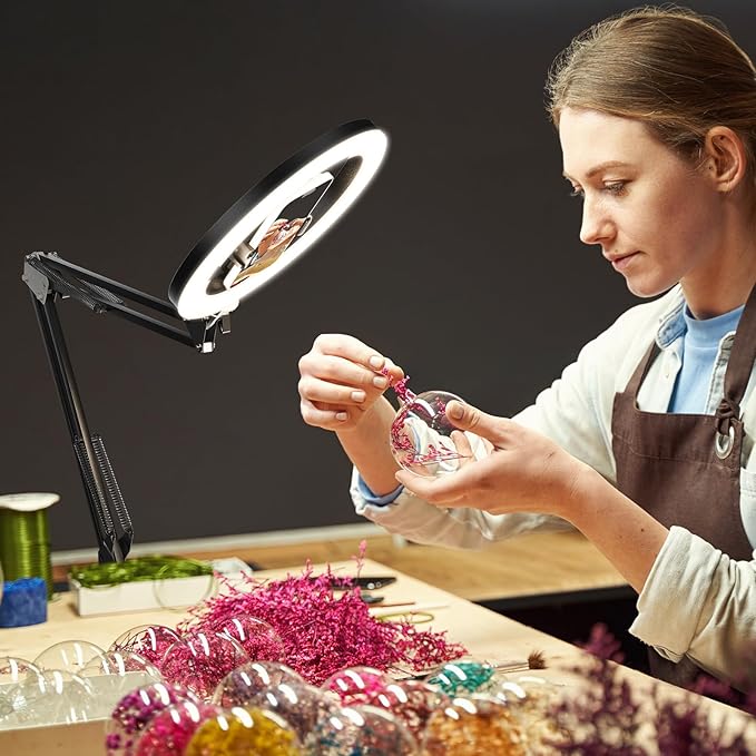 Ring Light with Overhead Camera Mount, 10W Ring Light with Desk Clamp, Phone Holder for Video Recording, Ideal for Artist/Painting/Jewelry Making/Knitting/Crochet/Embroidery/Pottery/Leather Crafting