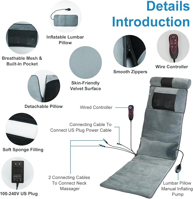 Full Body Electric Massage Mat with Heat, 10 Vibration Motors 3 Timers, Vibration Massage Pad for Bed, Back Mattress Chair Pad with Neck Massager Lumbar Pillow