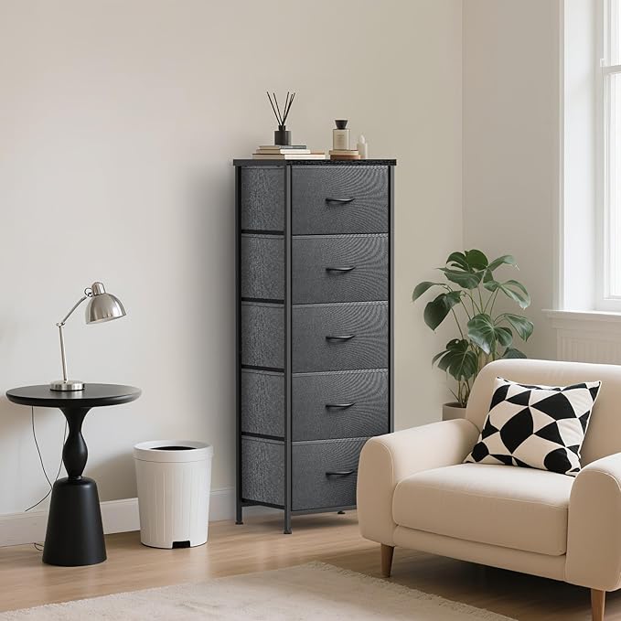 5 Fabric Drawer Dresser for Bedroom, Chest of Drawers with Waterproof Wood Top Tall Dresser for Hallway, Living Room, Kid Room (Grey and Charcoal Black)
