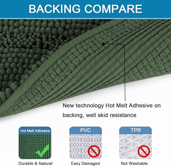 H.VERSAILTEX Bath Mats for Bathroom Non Slip Extra Thick Chenille Striped Bath Rug 24" x 36" Absorbent Non Skid Fluffy Soft Shaggy Rugs Washable Plush Mats for Indoor, Bath Room, Tub - Bronze Green